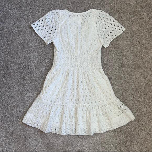 Anthropologie Maeve White Eyelet Puff Sleeve Smocked Waist Mini Dress Size 0 - Picture 14 of 15